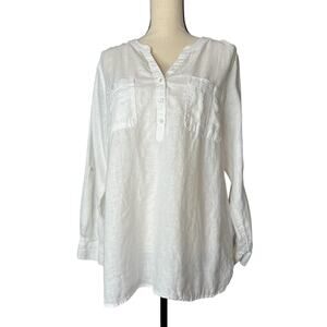 Talbots 100% White Linen Blouse w/Roll Tab Sleeves Size XL